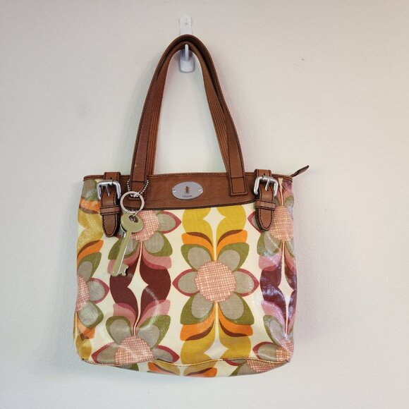 FOSSIL Floral Print Coated Canvas/Leather Tote Bag Key-Per Purse VGPC - Picture 4 of 16
